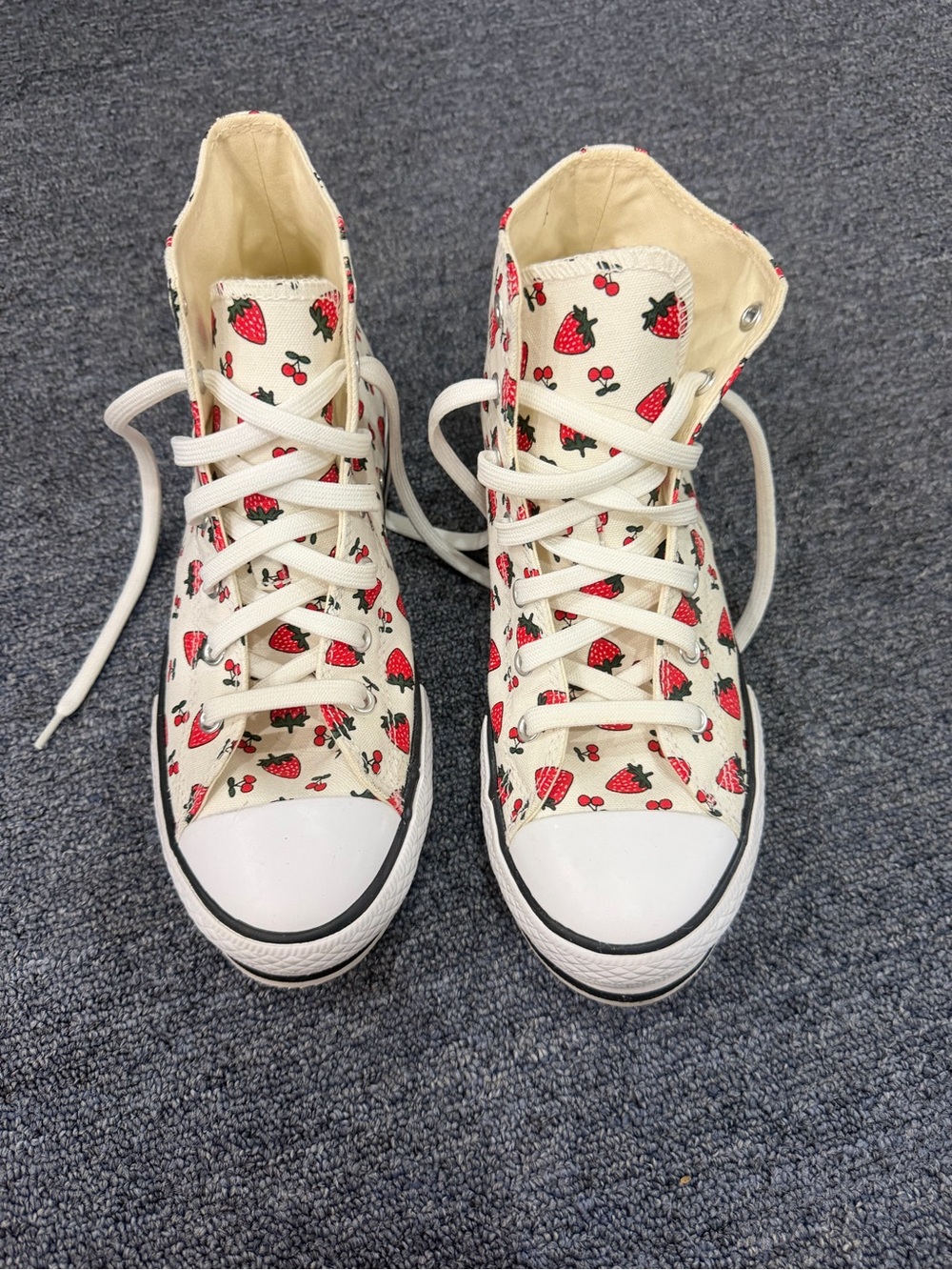 Converse Cream High-Top Sneakers with Red Strawberry and Cherry Print